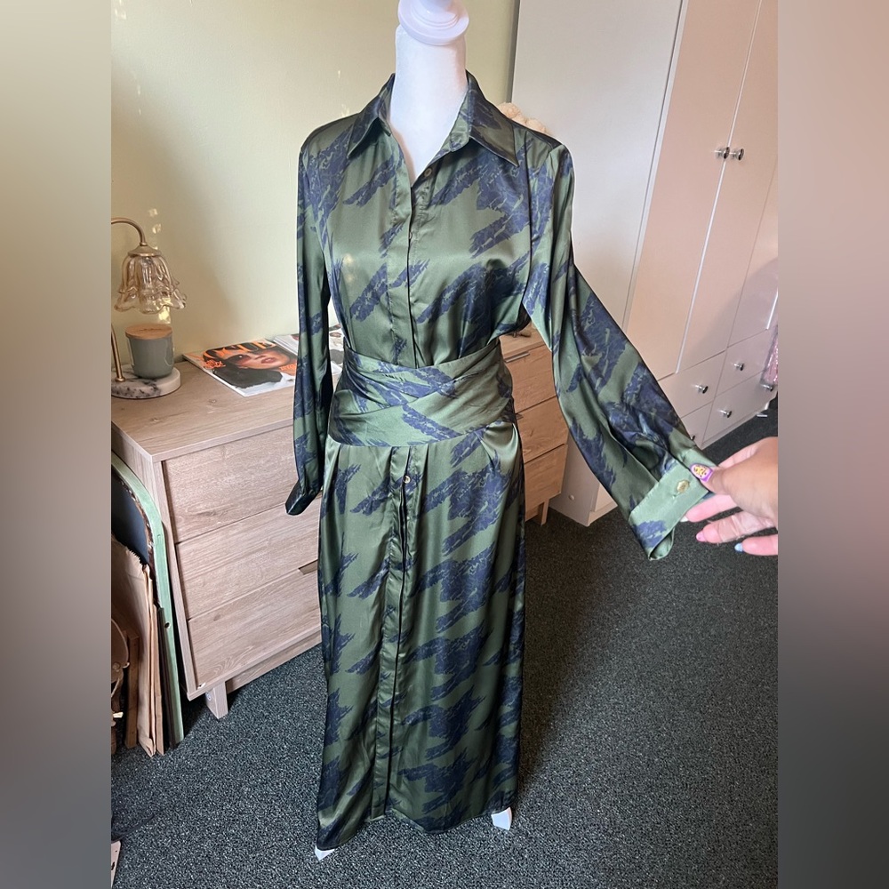 Forest Green & Black Houndstooth Button Down Multi-Way Wrap Satin Maxi Dress S - Picture 4 of 16